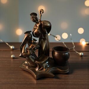Bronze Partylite Nativity Mary Joseph And Baby Jesus Candle Holder 7.5”